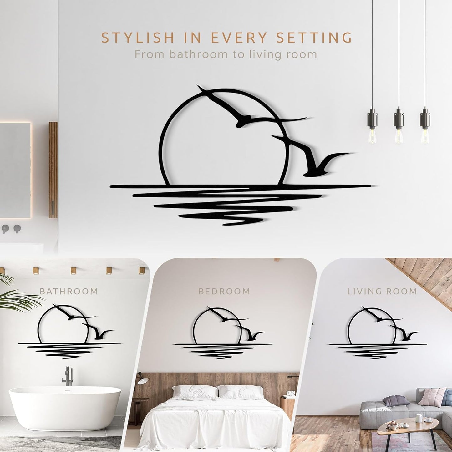 Wita Home Sunset with Seagulls Metal Wall Mounted Art, Handcrafted Metal Home Decor with Static Powder Coating, Eye-Catching Addition to Living Room Decor, Modern Beach Decor for Indoor and Outdoor Spaces, Perfect Housewarming Gift (48 x 24 inches)