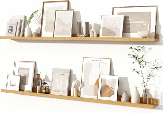 Fun Memories Picture Ledge Shelves Set of 2, 55 Inch Rustic Wall Mounted Floating Shelves with Lip for Home Storage and Décor in Bathroom, Kitchen, Nursery, Bedroom, Living Room, Oak