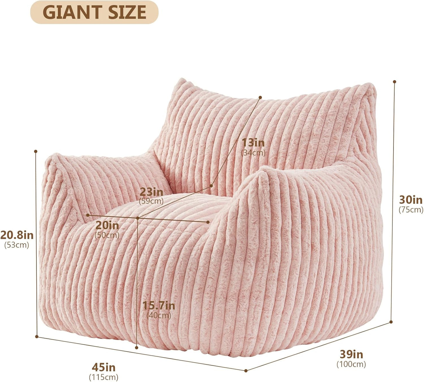 Giant Bean Bag Chairs for Adults Teens, Large Bean Bag Sofa Chairs with Filling Comfy Fuzzy BeanBag Chair with Armrests for Bedroom Living Room Reading