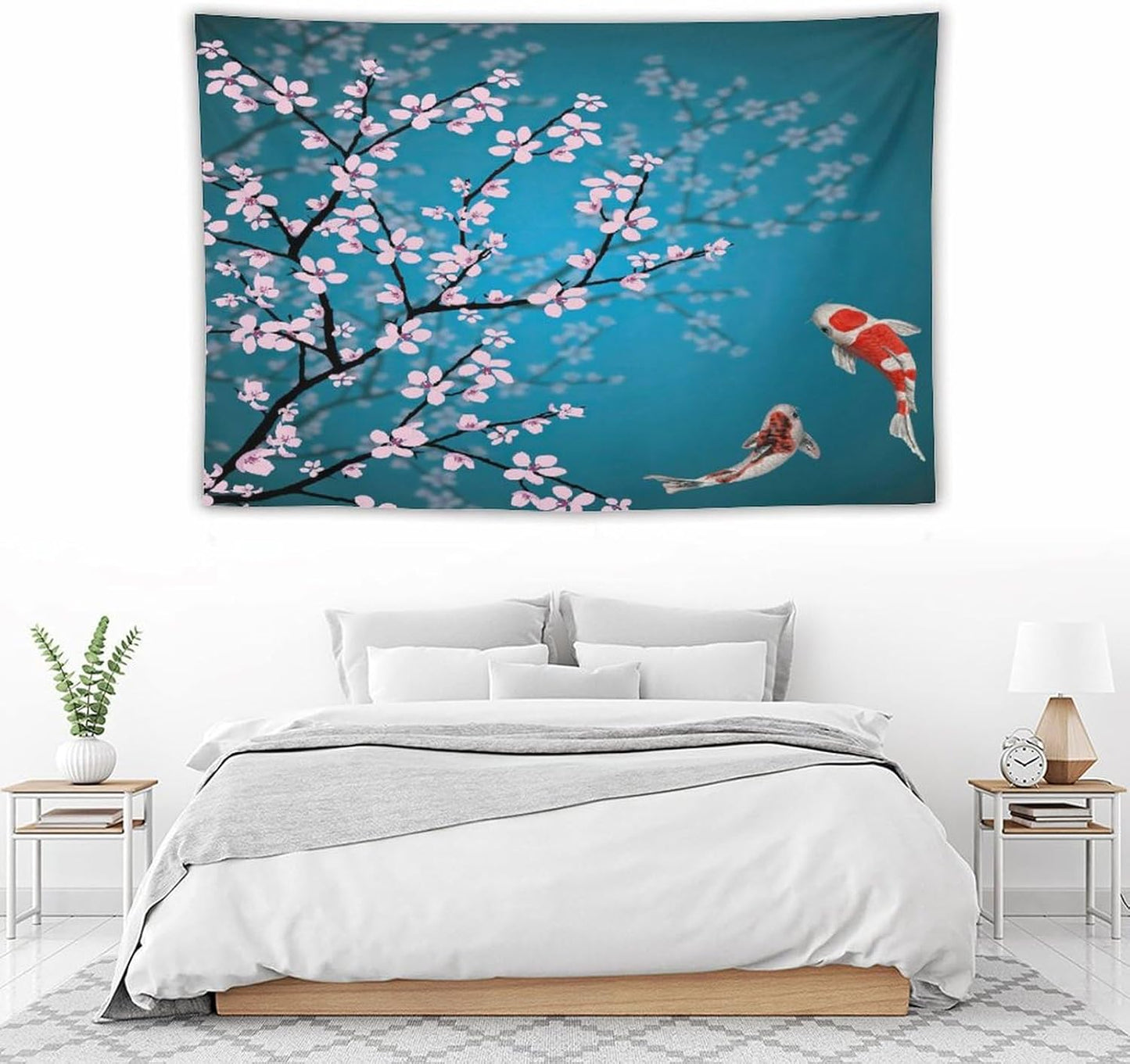 Houselerax Japanese Koi Fish Tapestry, Cherry Blossoms Asian Oriental Green Teal Flower Branch Koi Fish Carp Tapestries Wall Hanging for Bedroom Living Room Office Decor 90"x60"