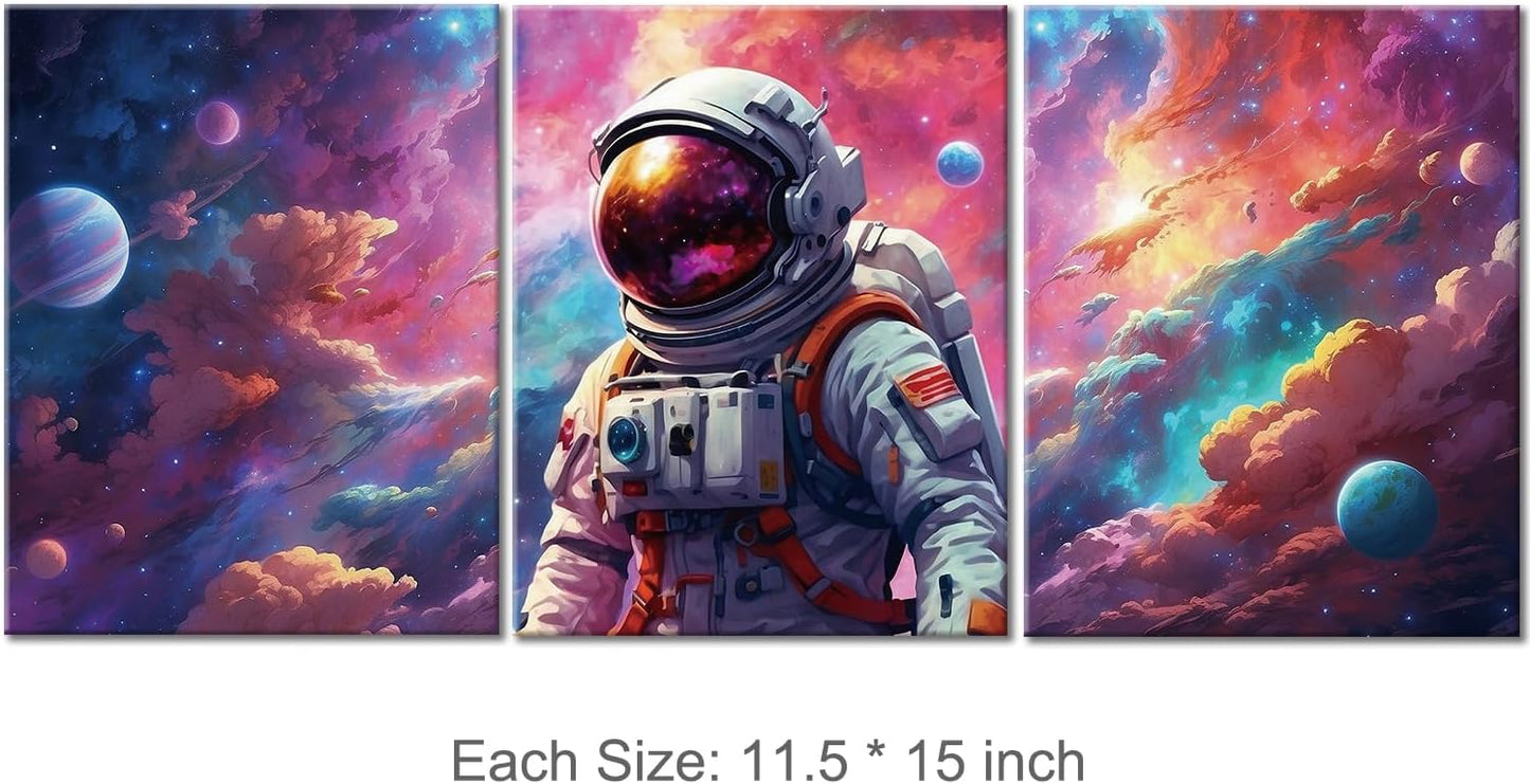 Outer Space Room Decor Astronaut Wall Art Canvas Prints Framed Artwork Space Themed Bedroom Playroom Nursery Decorations, Teen Boy Girl Room Decor, 3 Panels
