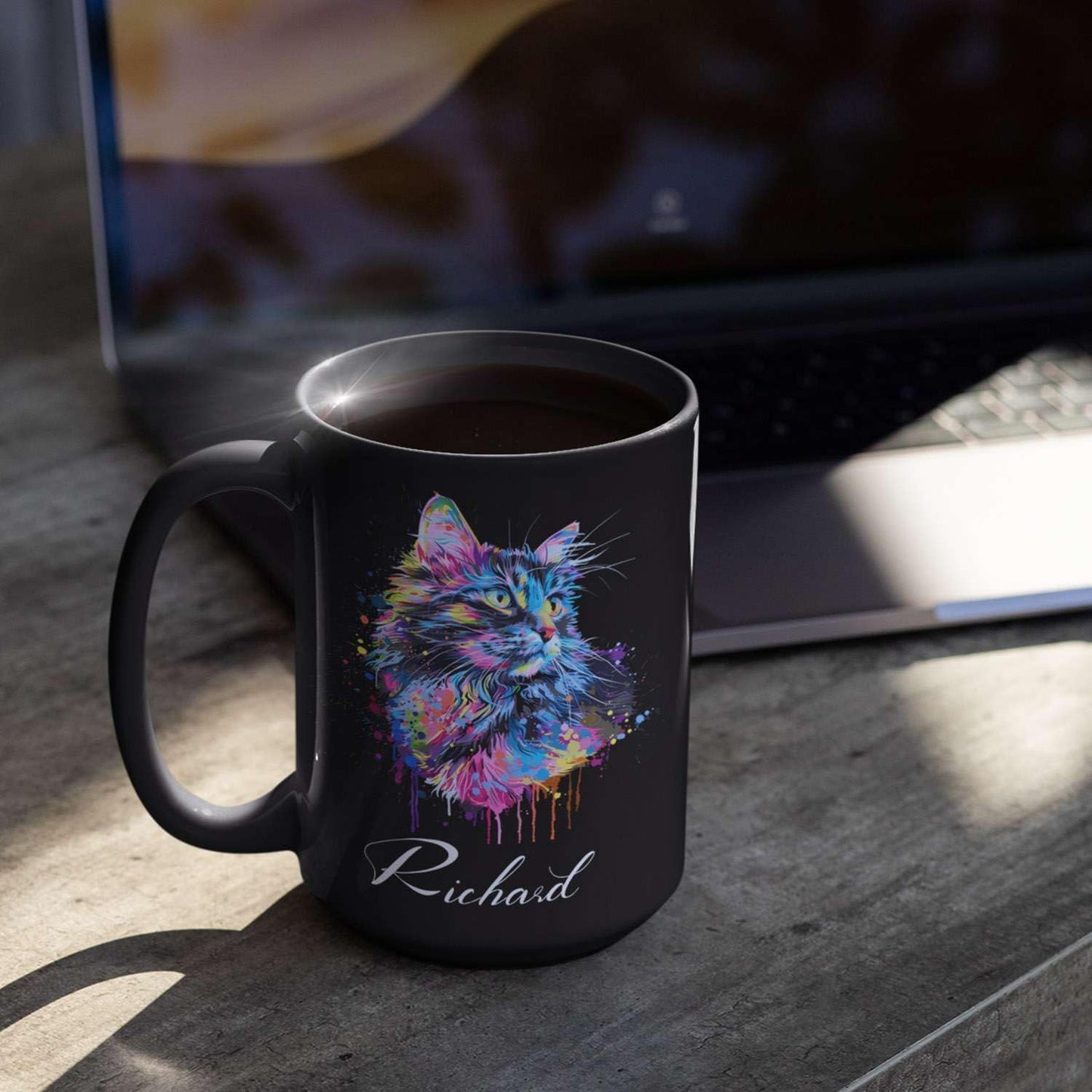 Customized Cat Ceramic Mug, Gift For Cat Pet Owner, Personalized Cat Lover Coffee Cup, Colorful Cat Design Mug For Birthday, Custom Name Cat Animal Black Cup, Unique Cat Mug 11oz 15oz