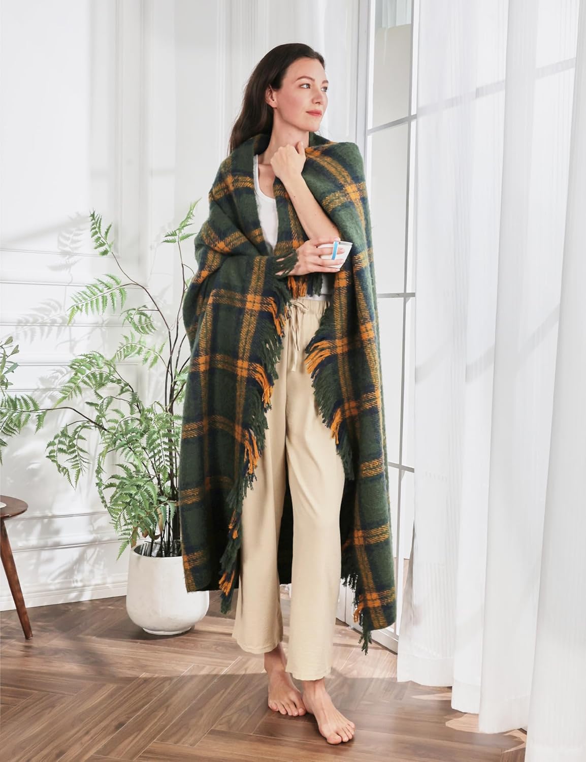 ZonLi Green Plaid Throw Blanket for Couch, Fall Plaid Blanket for Home Decor, Soft Lightweight Cozy All Season Decorative Vintage Blankets with Tassel for Bed and Sofa, 50'' x 60''