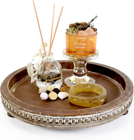 12 Inches Rustic Wooden Decorative Tray, Small Round Beaded Wood Tray for Kitchen Dinning Table Centerpiece Decor Entryway Living Room Home Decor, Brown