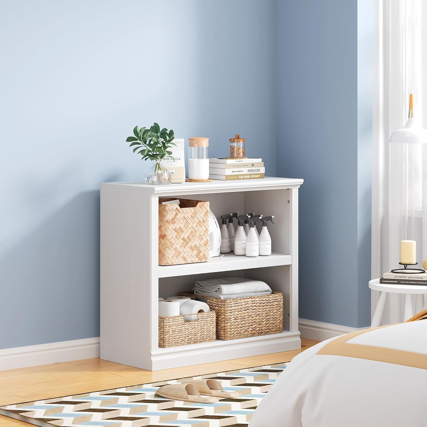 30" Bookcase, White Floor Standing Bookshelf, 2-Tier Display Shelves Open Storage Organizer, Book Case for Living Room Hallway Kitchen Home Office Bedroom, White 2 Tiers