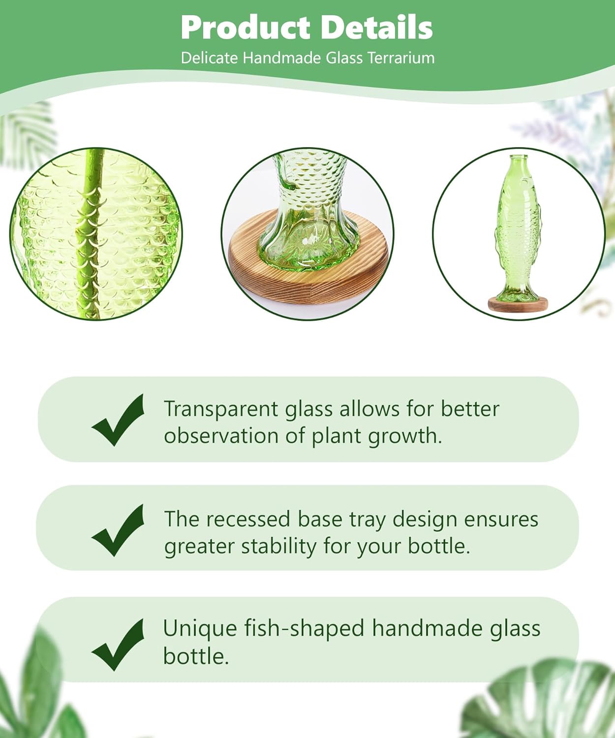 Nacome Fish Vase Glass Plant Terrarium with Wooden Stand,Plant Propagation Station for Home Office Hydroponics Desk Decoration,Unique Gardening Gifts for Plant Lovers Women Mom(Green)