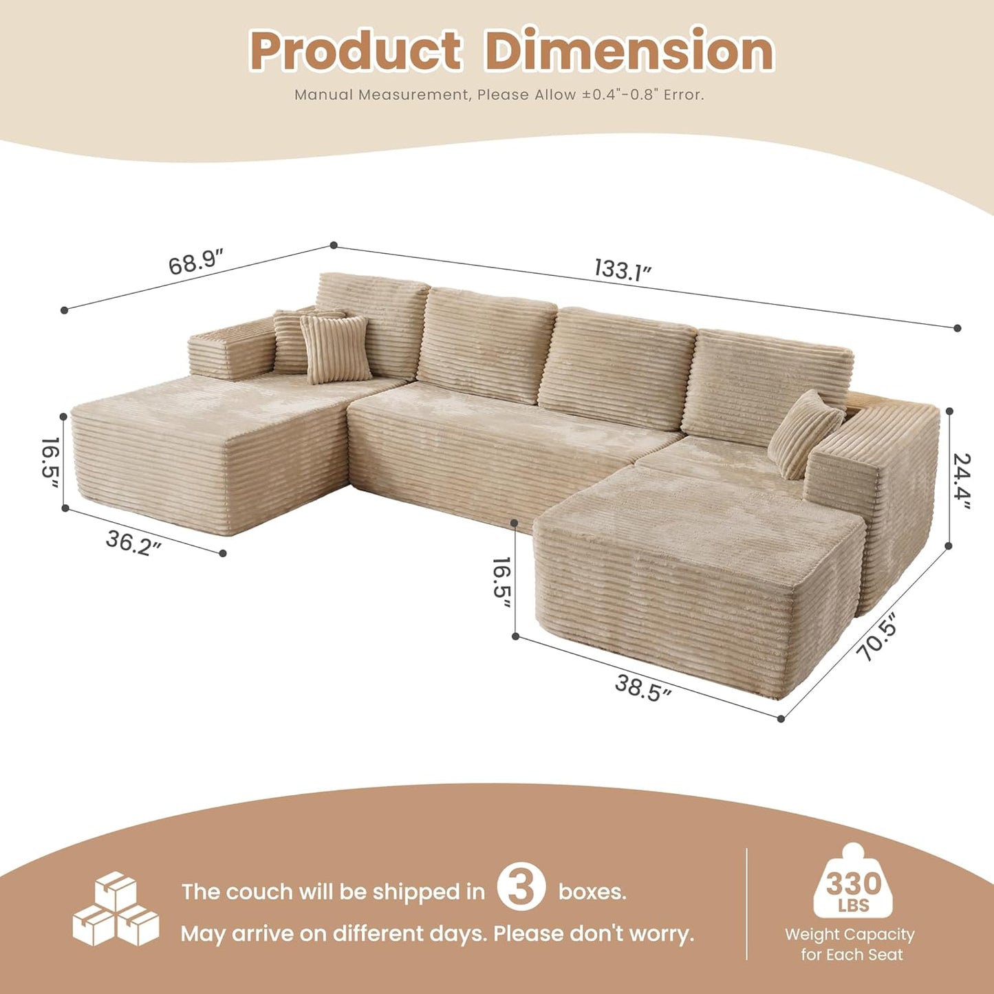 HOOOWOOO Cloud Sectional Couches for Living Room,Modular Sectional Sofa No Assembly,133X70 Inch Plush Corduroy Large U Shaped Floor Couch Set with Deep Seat Chaise Ottoman(Beige)