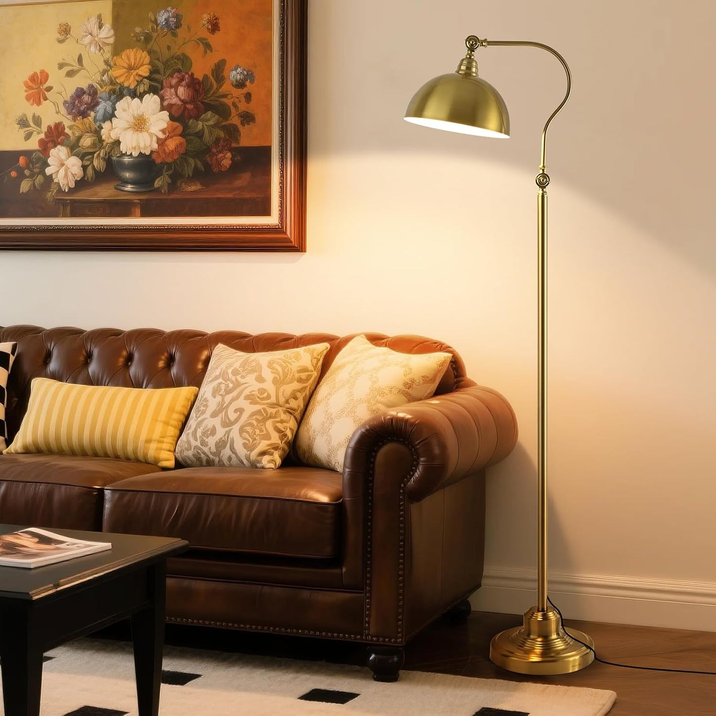 Bright LED Gold Reading Floor Lamp with Remote Control and Bluetooth Dimming,Living Room Bedroom Bedside Office Study Library Adjustable Standing Tall Lights, Unique Modern Brass Home Decor Essentials