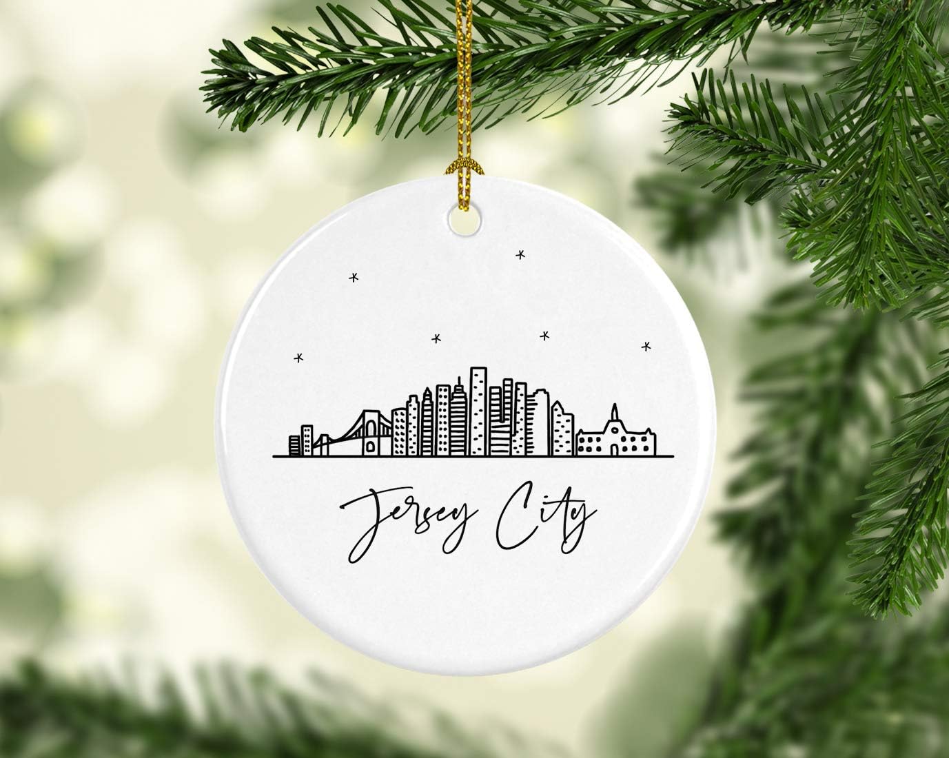 Andaz Press Round Ceramic Porcelain Christmas Tree Ornament Keepsake Gift, Jersey City, Black and White Stars City Skyline Graphic, 1-Pack, Birthday Ideas Family Coworker Him Her, Includes Gift Box