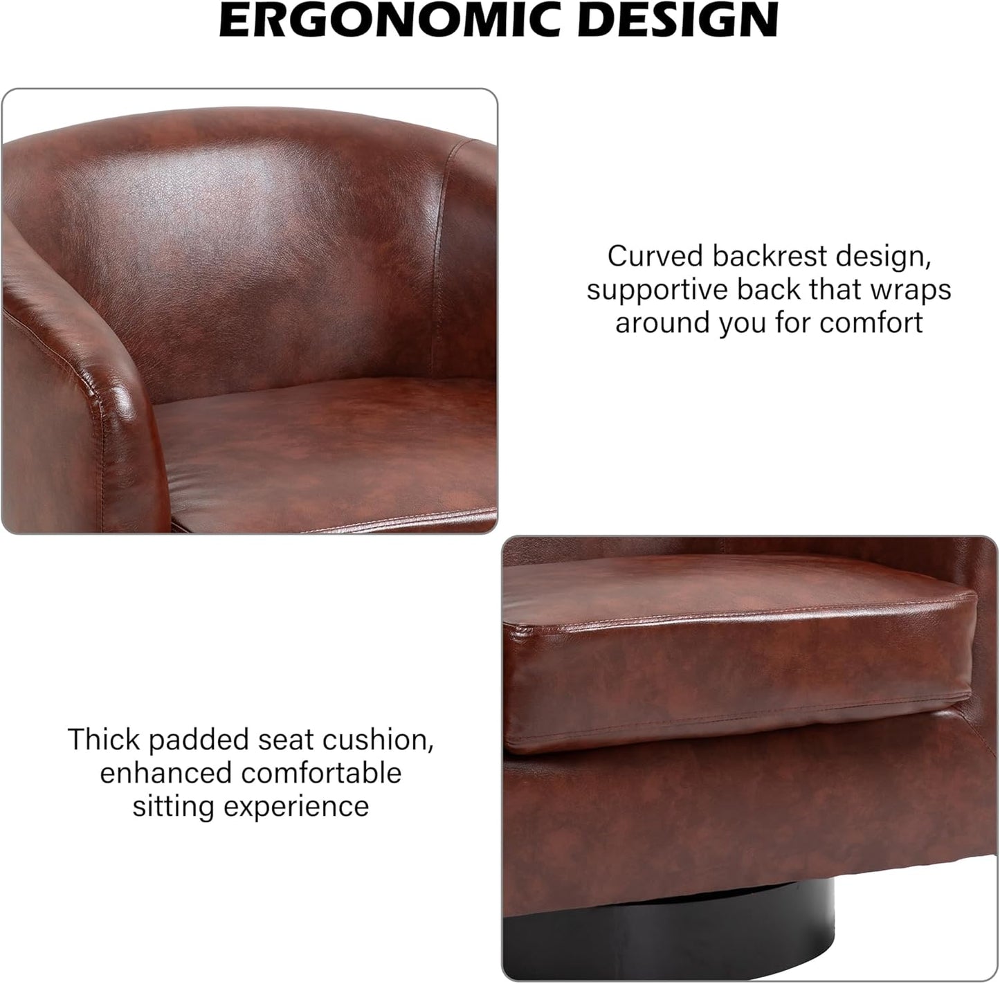 Swivel Barrel Accent Chair, Modern Round Faux Leather Arm Chair for Living Room, Bedroom, Comfy Club Reading Chairs for Adults(Faux Leather, Red Brown, Set of 2)