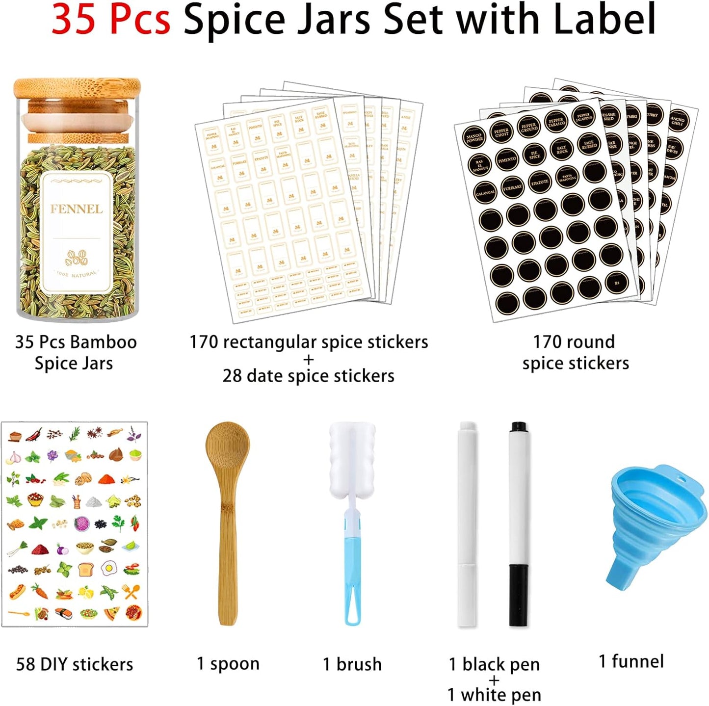 Spice Jars with Labels, 35 Pcs 4 oz Glass Spice Jars with Bamboo Lids, Minimalist Stackable Airtight Spice Containers with 426 labels for Home Kitchen, Pantry, Spice Cabinet, Drawer, Rack