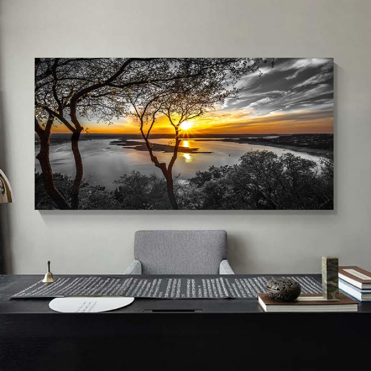 Bamdeya Black and White Canvas Wall Art Bedroom Lake Tree Print Art Forest Gold Sunset Poster Picture Natural Scenery Artwork Landscape Painting Living Room Wall Decor Modern Home Decor Framed