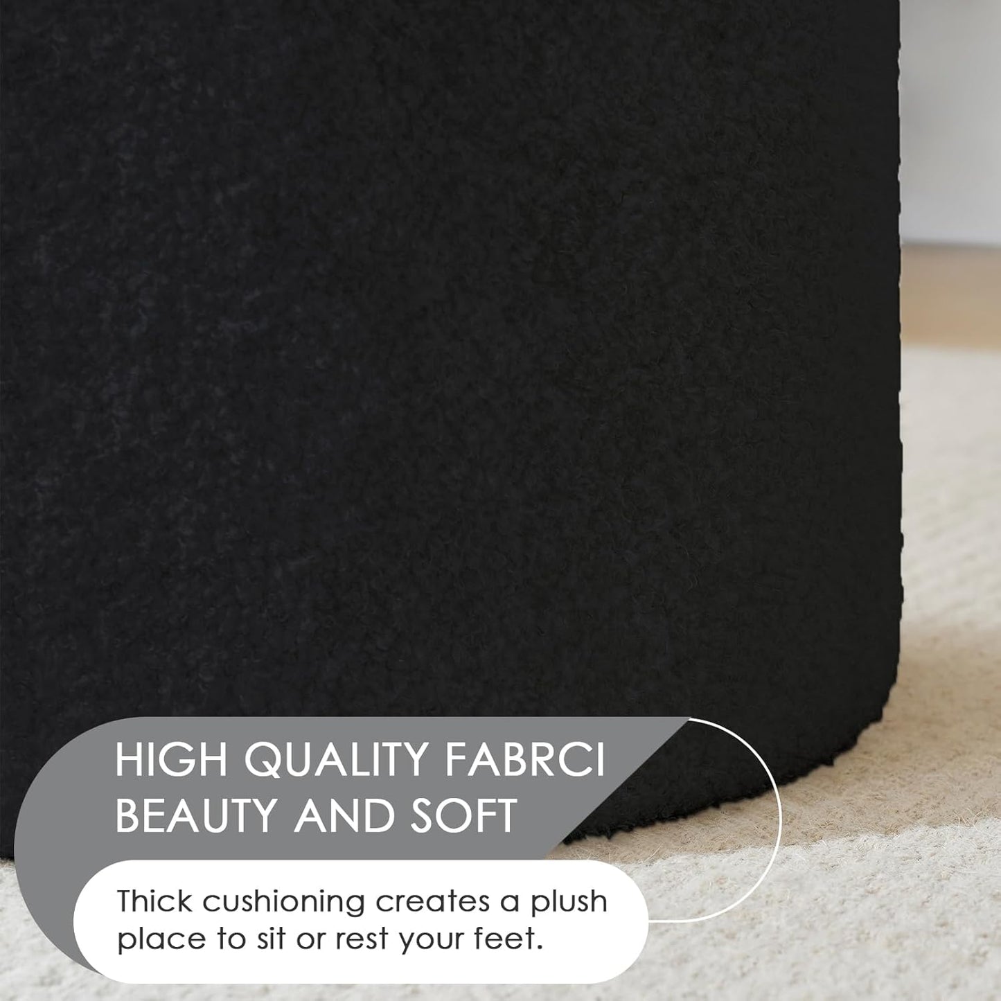 YFO Round Boucle Ottoman with Storage, Multifunctional Upholstered Vanity Chairs for Makeup, Soft Padded Seat with Removable Lid, Modern Rest Stool Seat for Living Room, Bedroom, Black