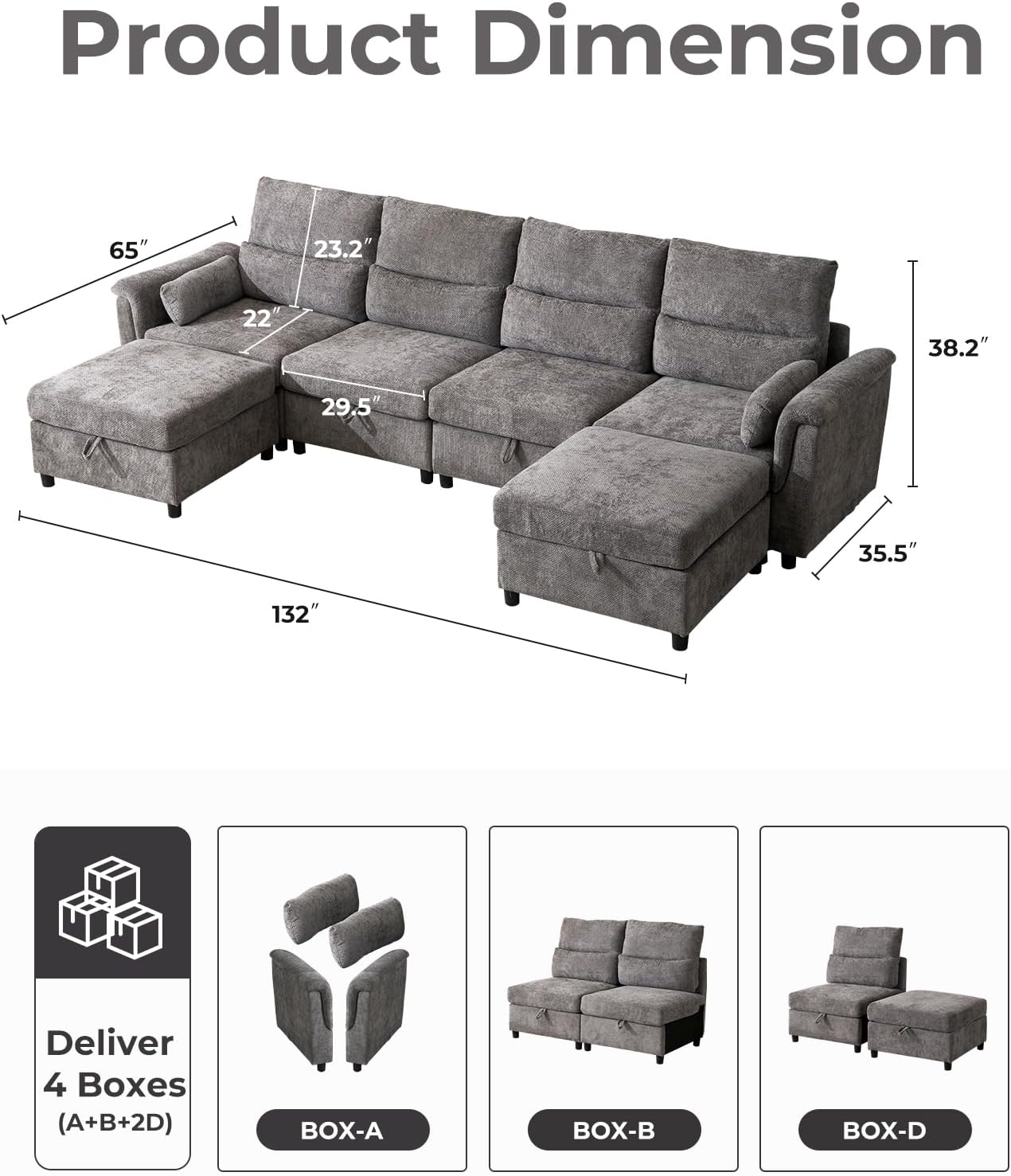 132'' Oversized Modular Sectional Sofa, U Shaped Comfy Sectional Couch with Large Storage, 6 Seat Chenille Deep Seat Cloud Sofa with 2 Throw Pillows for Living Room,Grey
