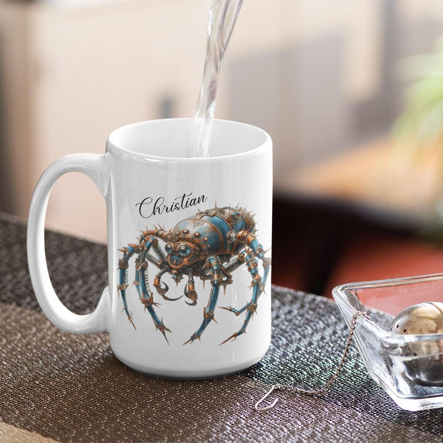 Personalized Steampunk Insect Mug, Customizable Name Mechanical Character Coffee Cup 11oz, Unique Cyberpunk Design Ceramic Mug, Customized White Cup Gift For Sci-Fi Enthusiasts
