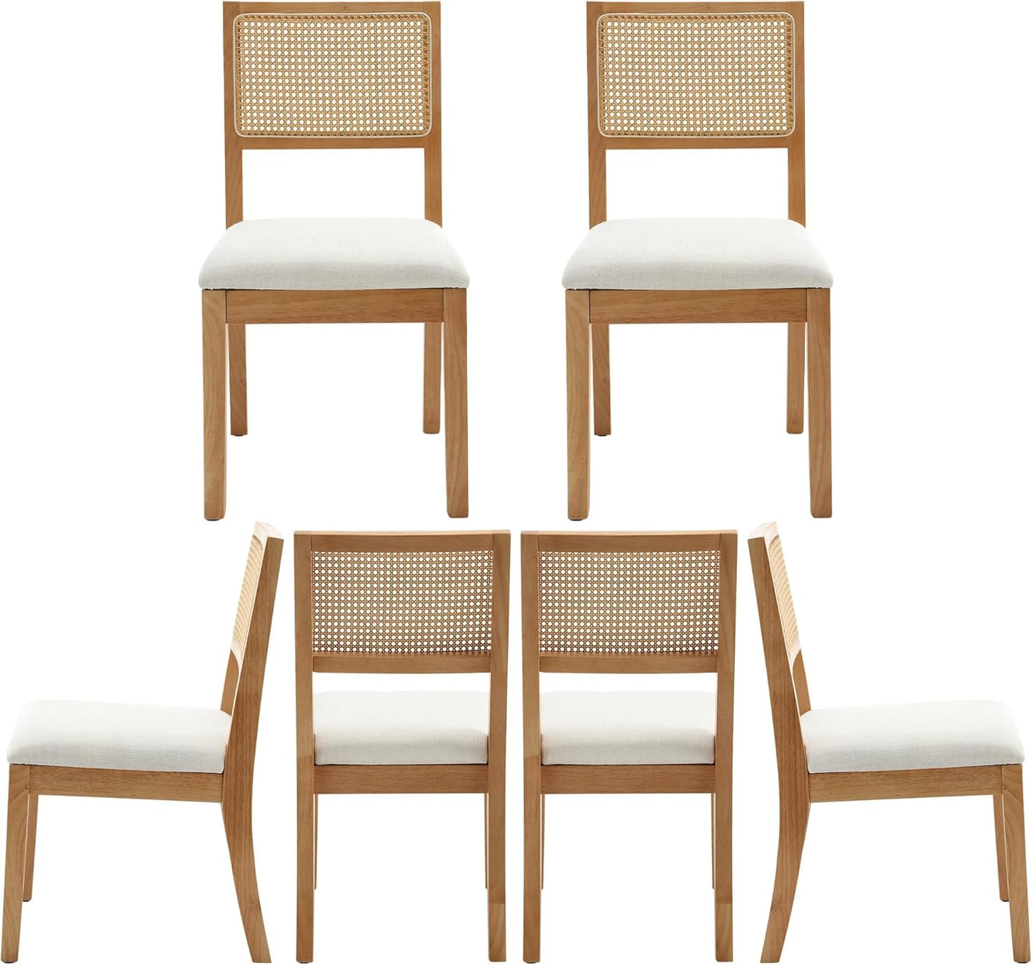Westice Rattan Dining Chairs Set of 6, Farmhouse Natural Dining Room Chairs with Upholstered Cushion, Wood Armless Chairs for Kitchen/Restaurant