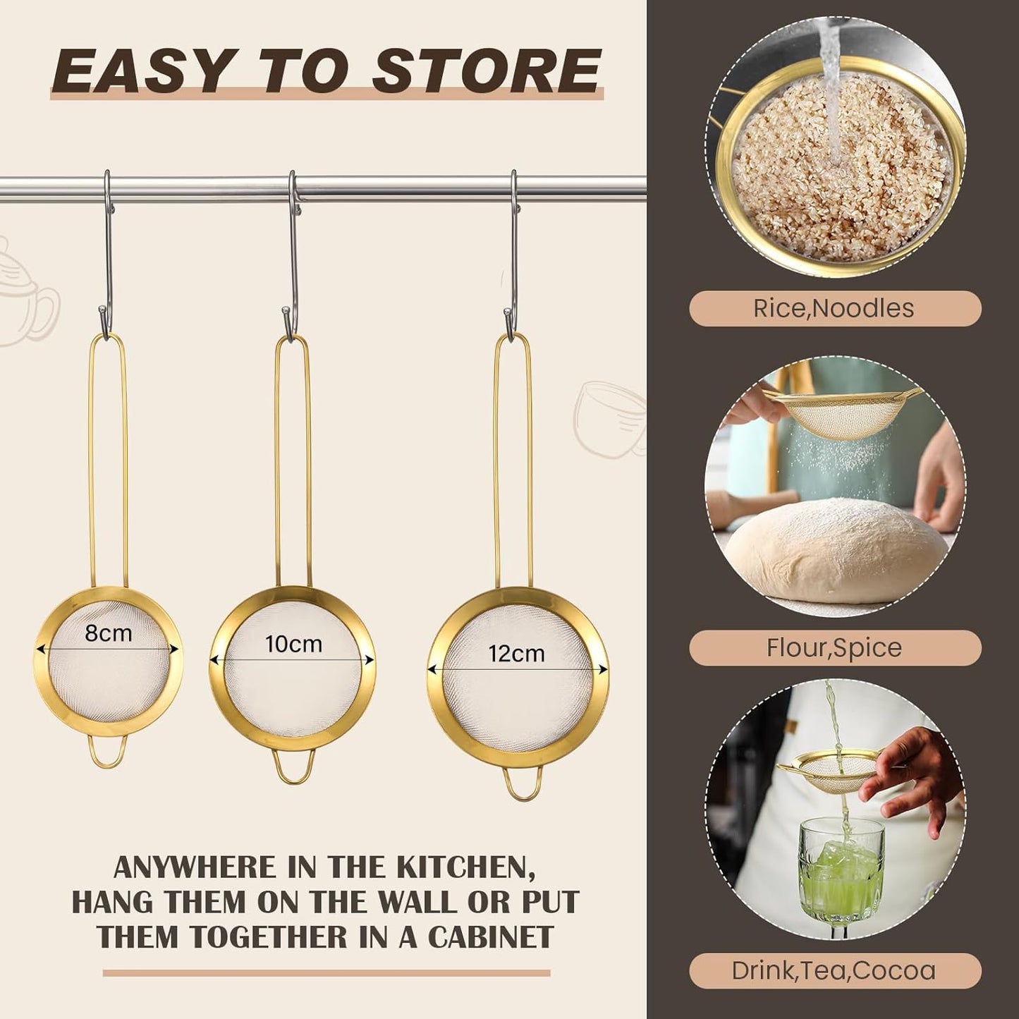 Norme 3 Quart Stainless Steel Gold Colander Gold Fine Mesh Strainer, Stainless Steel Pasta Rice Food Metal Strainer with Handles, Easy Clean and Dishwasher Safe