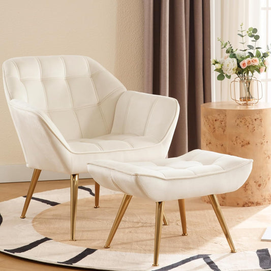 Beige Velvet Accent Chair with Ottoman ，Modern Reading Chair with Ottoman Set, Comfy Fuzzy Armchair Living Room Chair Lounge Chair with Metal Legs for Small Spaces Bedroom Apartment