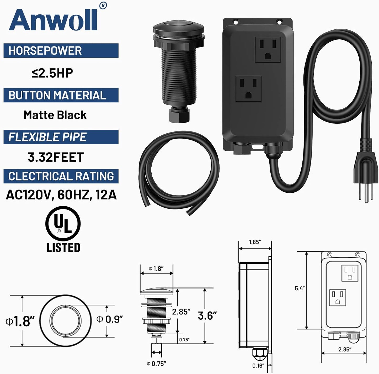 Garbage Disposal Air Switch Kit -Professional- Dual Outlet, Sink Top Waste Disposer On/Off, Garbage Disposal Button, Brass Made Cover, UL Listed