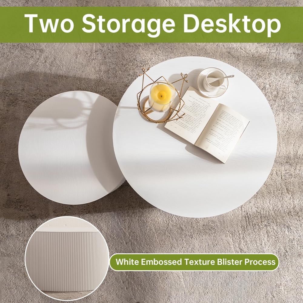 Round Nesting Coffee Table Modern White Fluted Coffee Table Set of 2 Stripe Round Coffee Tables Drum Crescent Side Table Accent End Table for Living Room (White A Small)