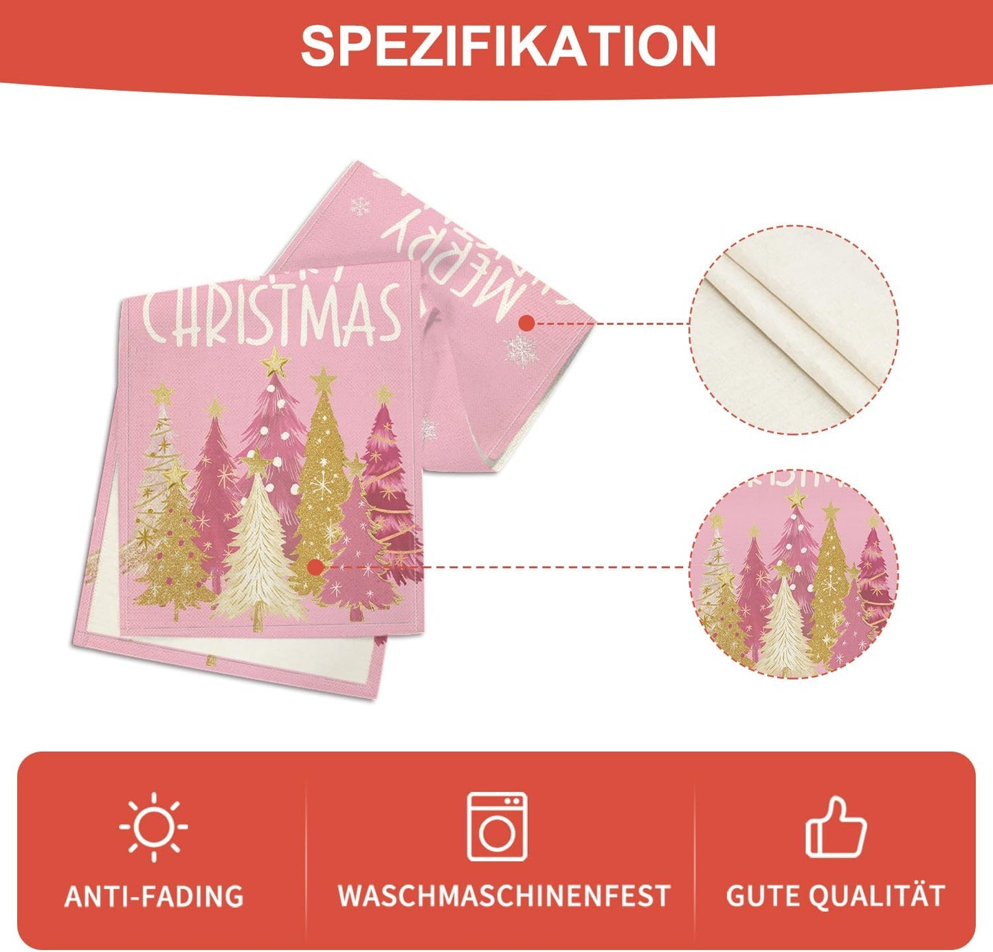 Artoid Mode Xmas Trees Snowflakes Pink Merry Christmas Table Runner, Winter Seasonal Kitchen Dining Table Decoration for Home Party Decor 13x36 Inch