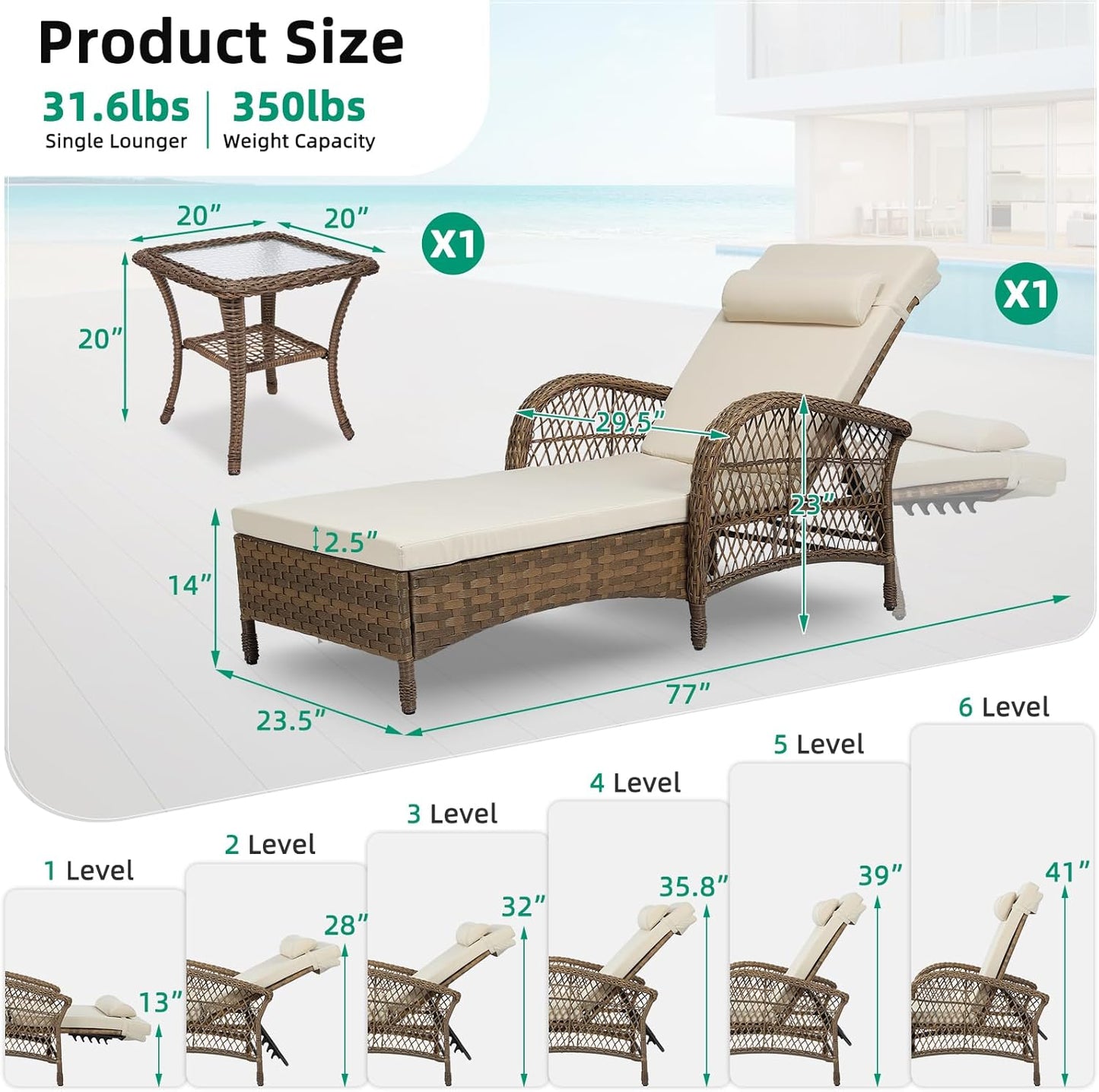 VIVIJASON Outdoor Wicker Chaise Lounge Chair, All-Weather PE Rattan Cushioned Patio Lounger Set with Side Table, 6-Position Adjustable Outside Pool Sunbathing Recliner with Armrest & Pillow, Beige