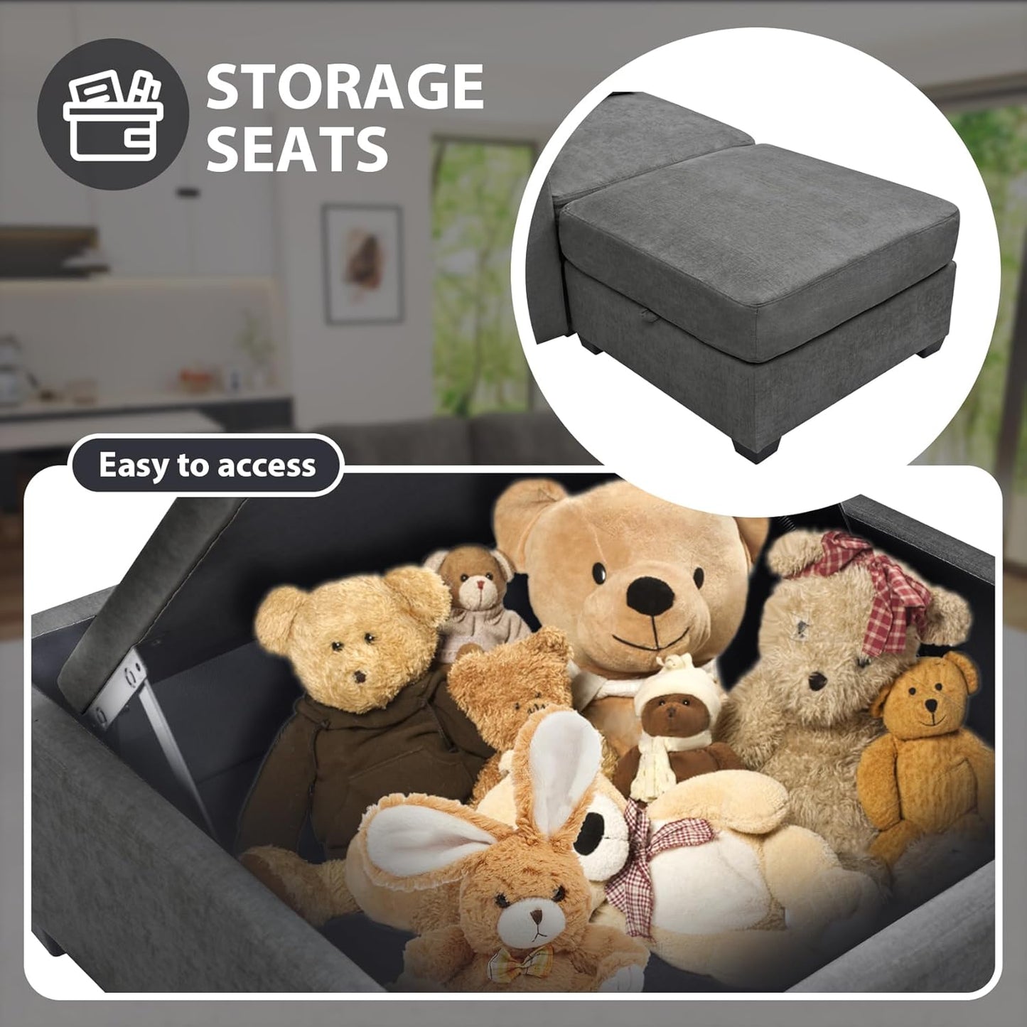 mestyl Modular Sectional Sofa Convertible U Shaped Sofa Couch Set with Storage for Living Room, Modern 4 Seater Modular Sectional Couch with 2 Movable Ottoman (Grey)