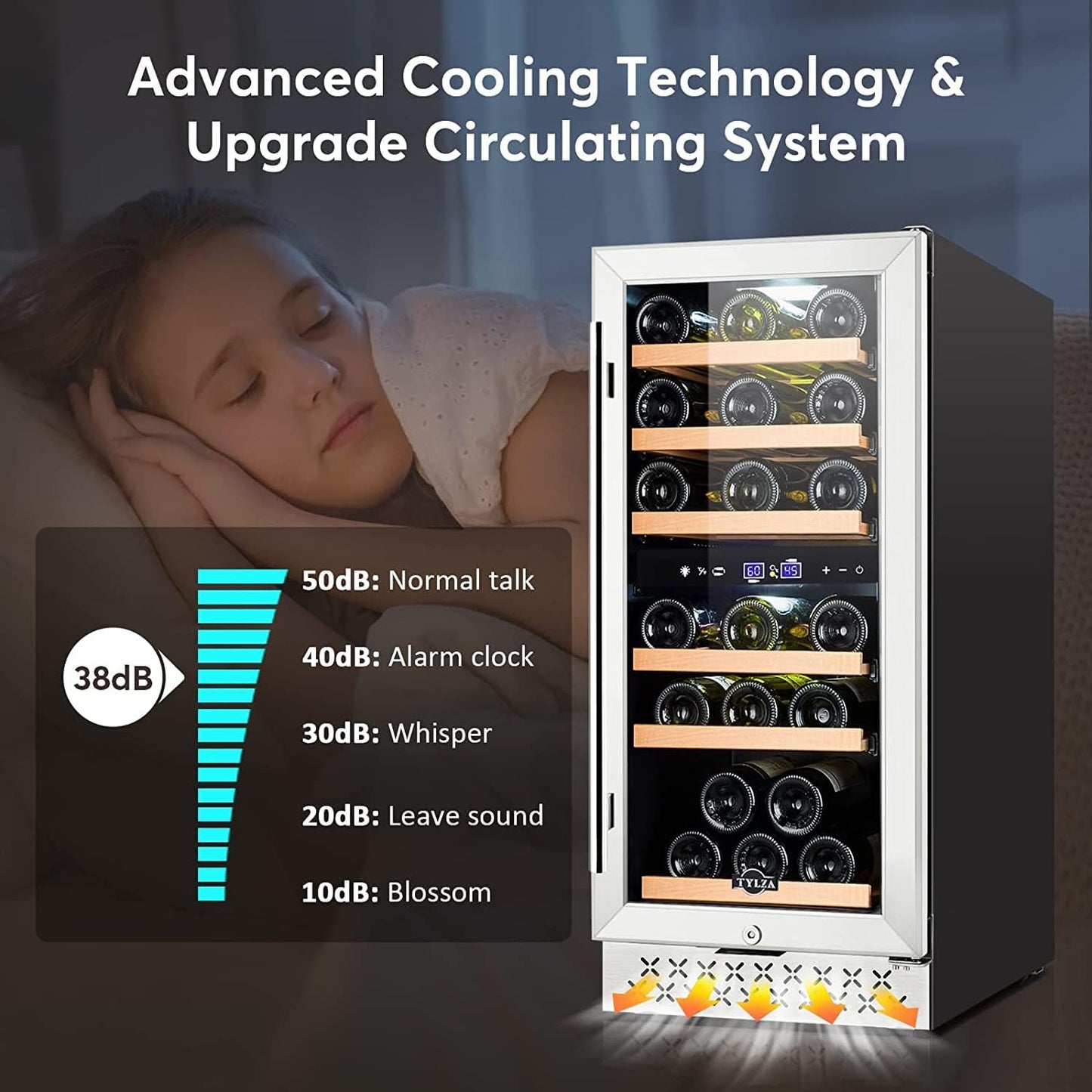 Tylza Mini Fridge 15 Inch Wine Cooler Under Counter, 33 Bottle Dual Zone Wine Fridge with Stainless Steel, Wine Refrigerator Freestanding, Built-in Wine Cellars