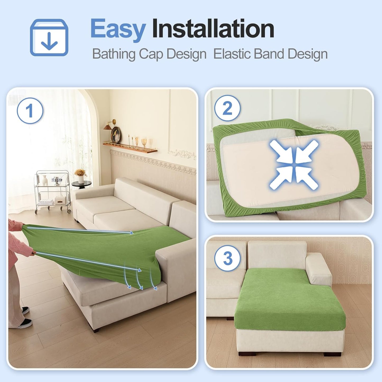 Chaise Cushion Cover for Sectional Sofa, Softer Chenille Sofa Cover for L Shaped Couch (Left or Right Facing), Stretch Chaise Couch Slipcover (Only 1 Piece, Green)