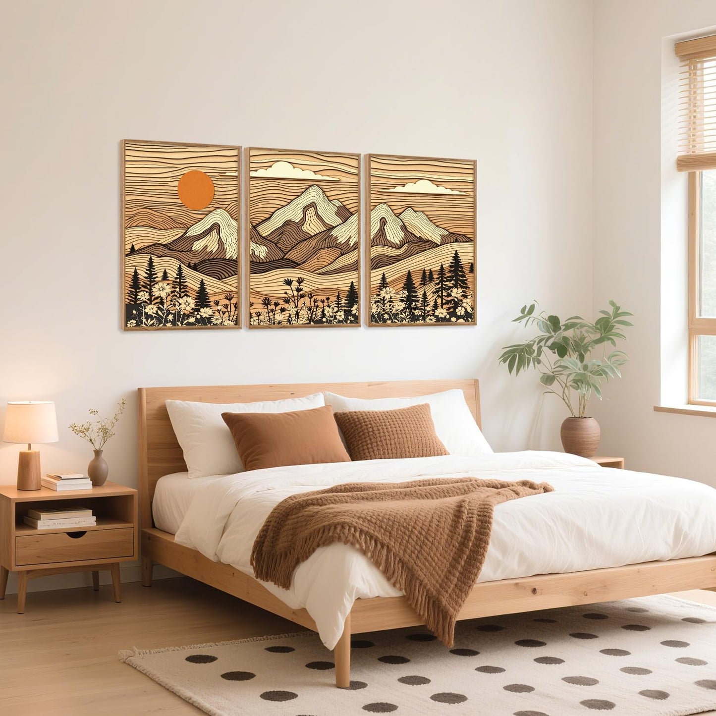 HPNIUB Mountain Framed Canvas Wall Art, Vintage Pine Tree Wall Decor, Country Wilderness Forest Wildflower Painting, Modern Nature Sun Art Prints for Living Room,Bedroom,Farmhouse- 16"x24"x3