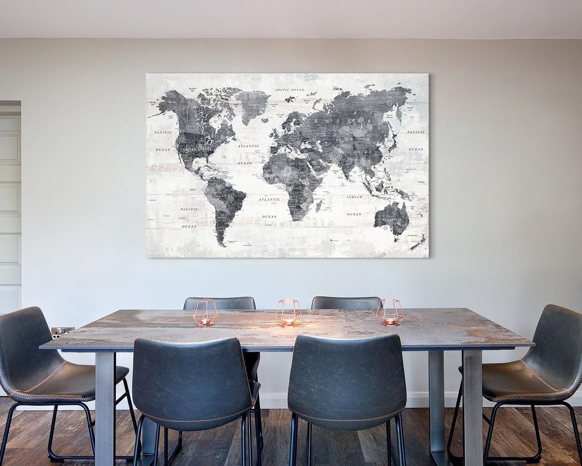 Wall Art for Living Room Home Office Frames Wall Decor Gray World Map Pictures for Bedroom Dining Room