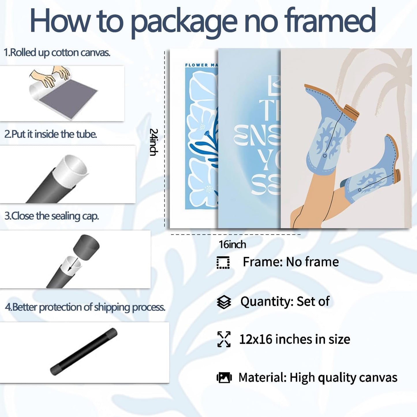 Blue Preppy Canvas Wall Art Posters Set of 3 Trendy Cowgirl Boots Home Decor Flower Market Painting Prints Coastal Aesthetic Picture for Girls Bedroom Bathroom Living Room Dorm 16x24Inch Unframed