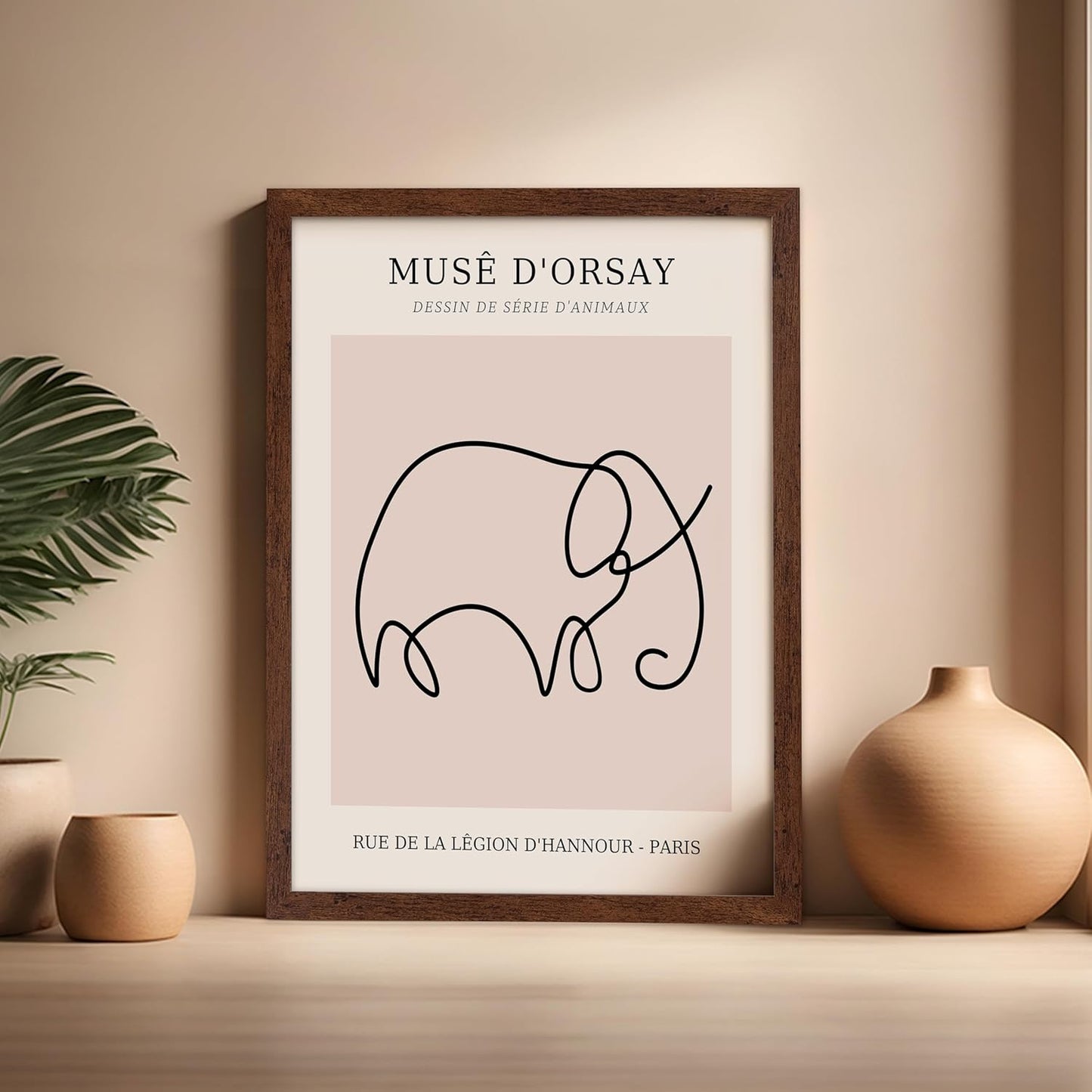 Poster Master Vintage Poster - Retro One Line Elephant Drawing Print - Elephant Art - Minimal Gift for Men, Women, Animal Lover - Abstract Wall Decor for Home, Office, 16x20 Brown Framed
