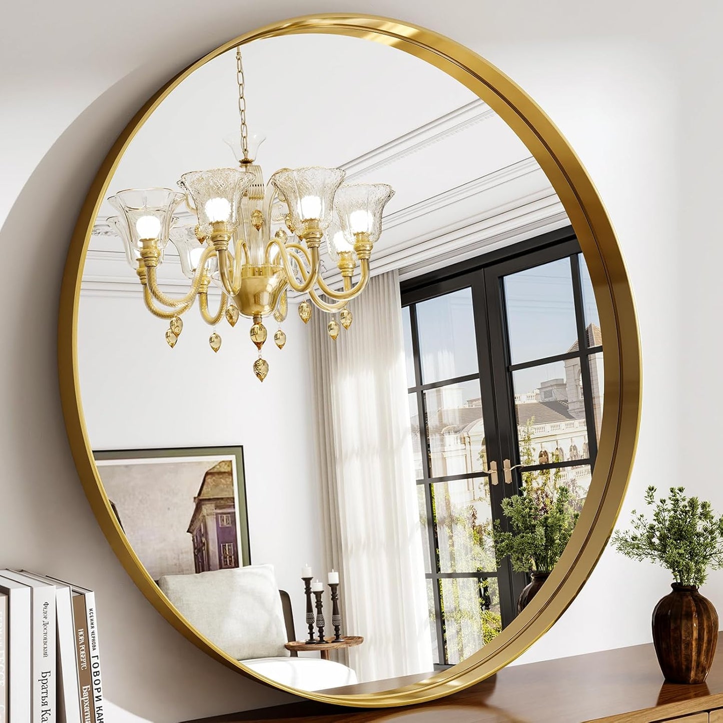36 Inch Round Bathroom Mirror - Wall Mounted Circle Mirror with Metal Frame, Modern Mirror Suitable for Bathroom, Vanity, Entryway, Living Room, Wall Decor,Gold