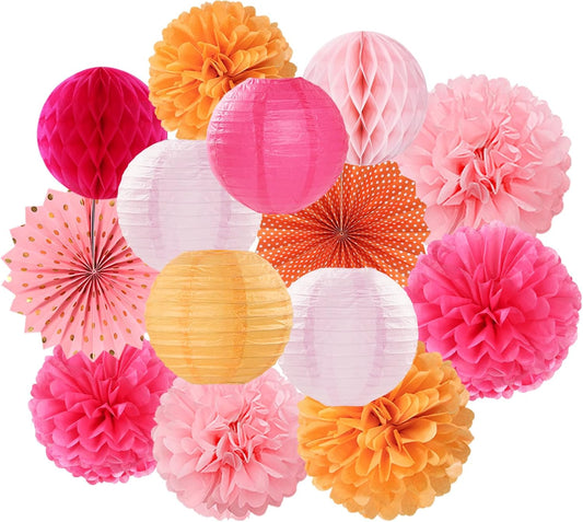 Hot-Pink Burnt-Orange Party-Decorations Streamers Lanterns - 14pcs Fall Birthday Baby Shower Paper Honeycomb Fan,Tissue Pom Poms, Autumn Thanksgiving Bridal Wedding Graduation Decor Ouruola