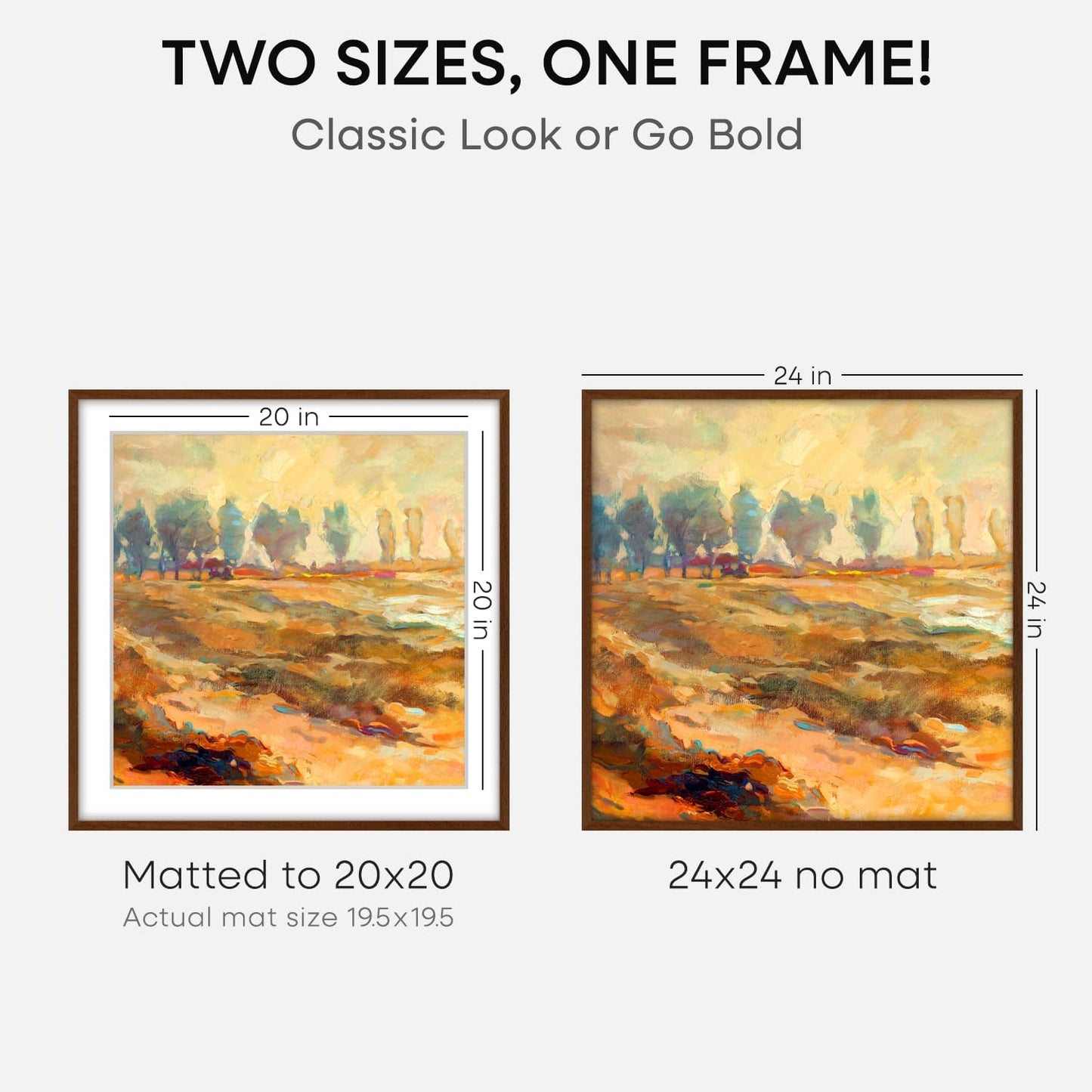 Homeforia 24x24 Picture Frame Brown, High End Dark Oak 24 x 24 Square Wood Frame with Mat 20 x 20 for Photo, 24by24 Wooden Walnut Poster Frame Matted to 20x20 Print, Tempered Glass, Wall Kit, Set of 1