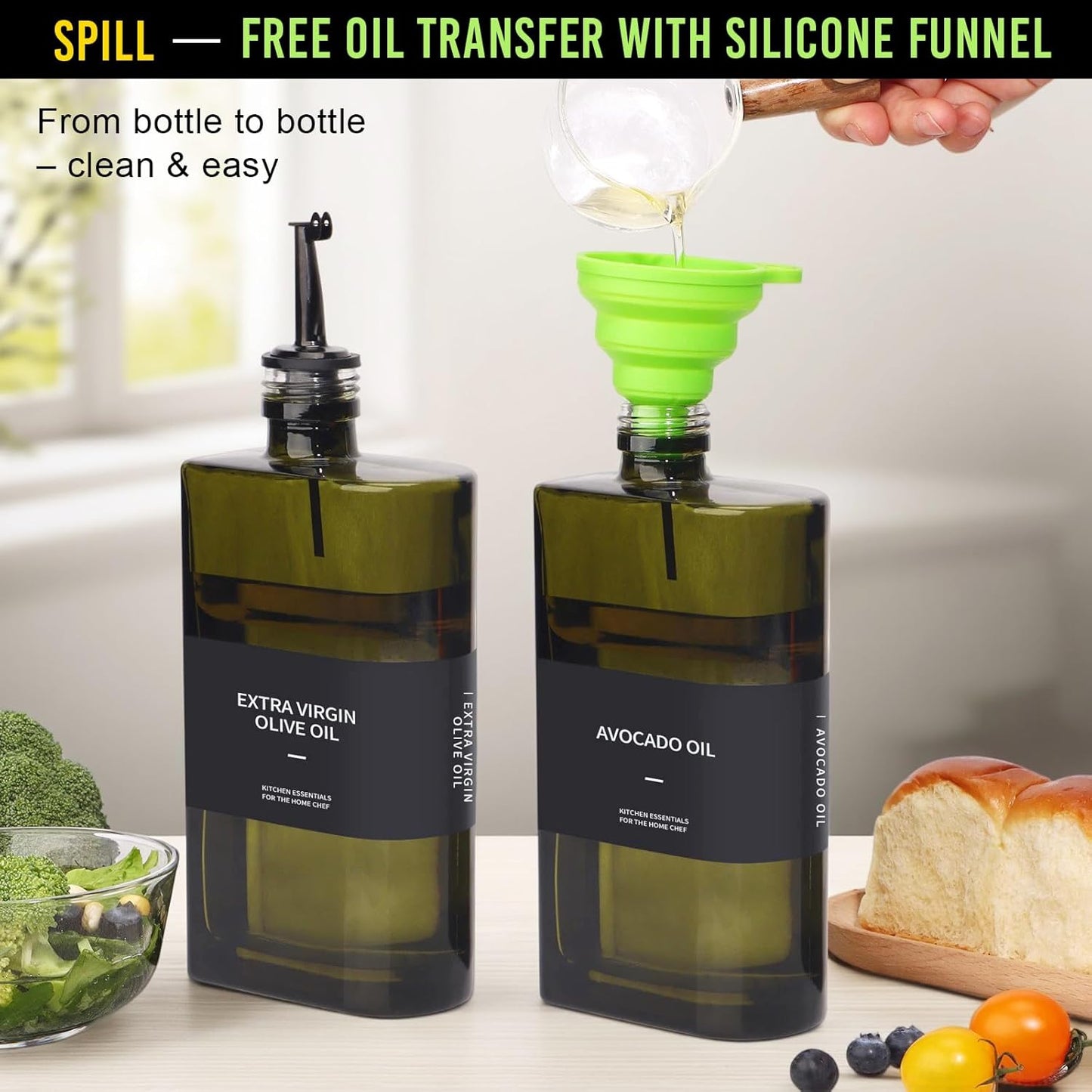 Glass Multi-Purpose Kitchen Dispenser Set | Universal for Olive Oil, Vinegar, Soy Sauce, and Syrup with Stainless Steel Pourers,2-Pack Dark Green,Avoid Sunlight