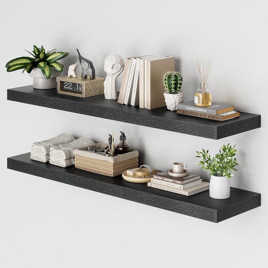 Heimlove 48W x 12D Long Floating Shelf, 12 Inch Deep Black Floating Shelves for Wall Set of 2, Wood Shelves for Bedroom Living Room Bathroom Kitchen Home Office, Wall Shelves with Heavy Duty Bracket