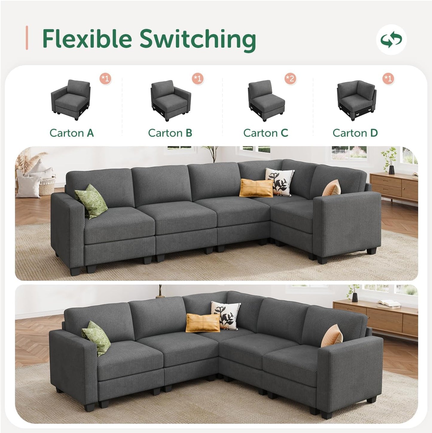 HONBAY Corduroy Modular Sectional Sofa with 5 Seaters, Sectional Corner Sofa with Chaise, L Shape Couches for Living Room, Dark Gray
