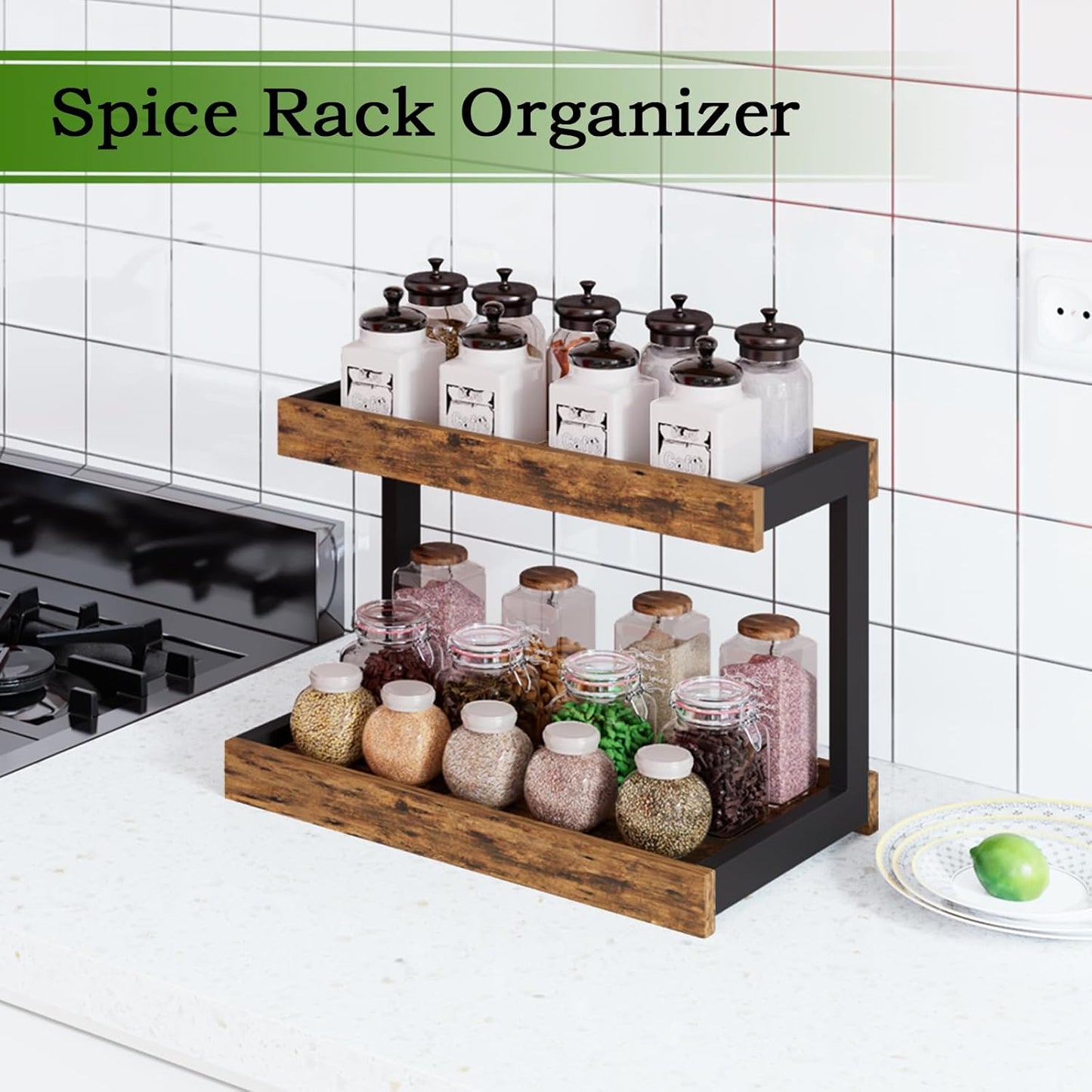 MARTY 2 Tier Spice Rack Organizer for Countertop, 15.8''L Coffee Station/Bathroom Organizer Countertop, Counter Shelf Desktop Storage Organizer for Kitchen, Bedroom, Office (Rustic Brown)