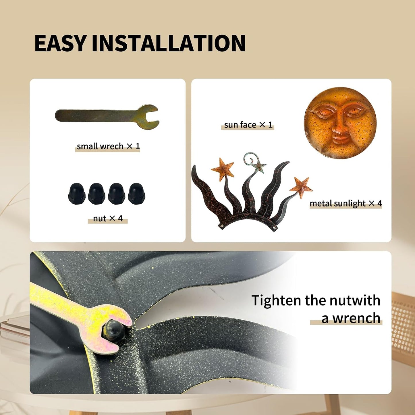 LIFFY 24" Sun Face Metal Wall Art for Outdoor Decor - Solar Themed Hanging Sculpture, Weather-Resistant Garden Patio Wall Décor, Farmhouse Home Accent Gift (Antique Bronze Finish)