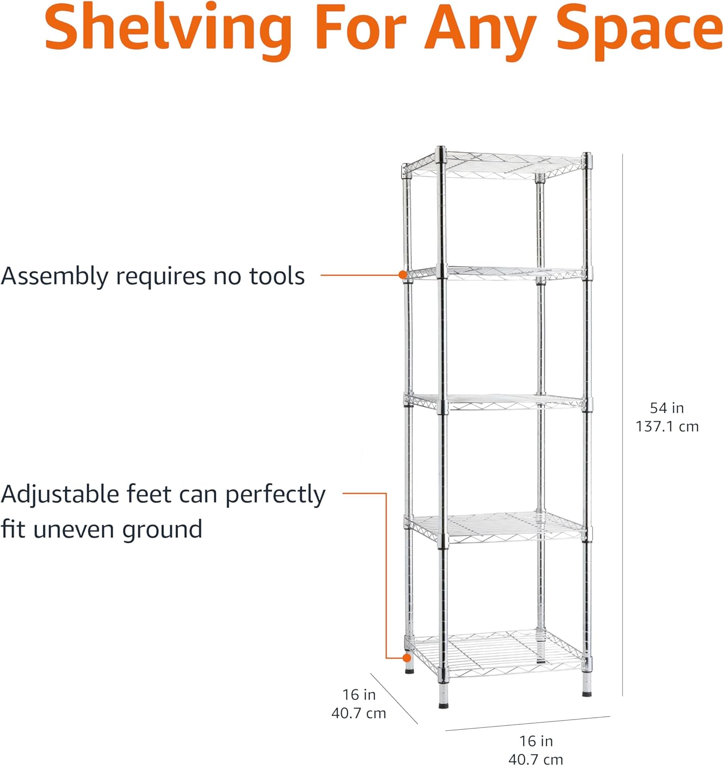 Amazon Basics 5-Shelf Tower Adjustable Storage Shelving Unit, Chrome, 16 D x 16 W x 54 H in