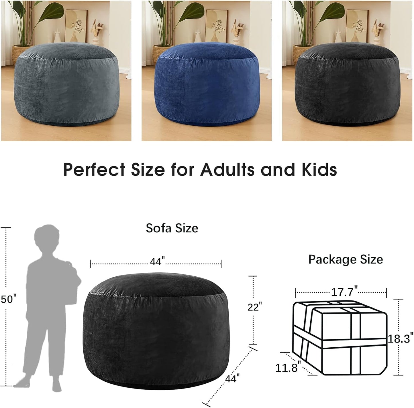 Bean Bag Chairs for Adults - Memory Foam Furniture BeanBag Chair - Kids/Teens Sofa with Soft Micro Fiber Cover - Round Fluffy Couch for Living Room Bedroom College Dorm - 4 ft, Carbon Black