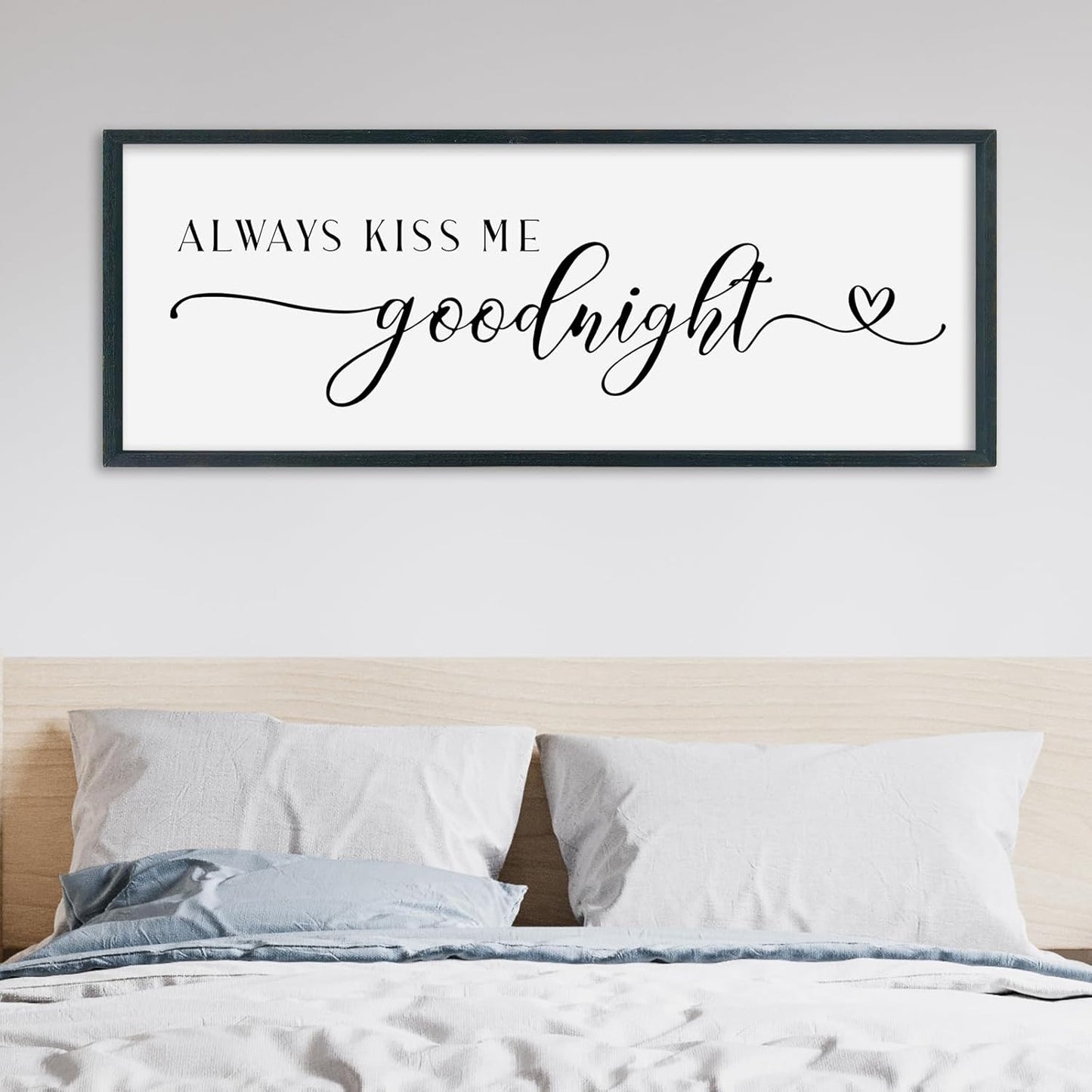 SRSZHIYUE Always Kiss Me Goodnight Sign Wall Decor Art for Master Bedroom Above Bed 40"×15" Large Wood Framed Wall Hanging (Black)