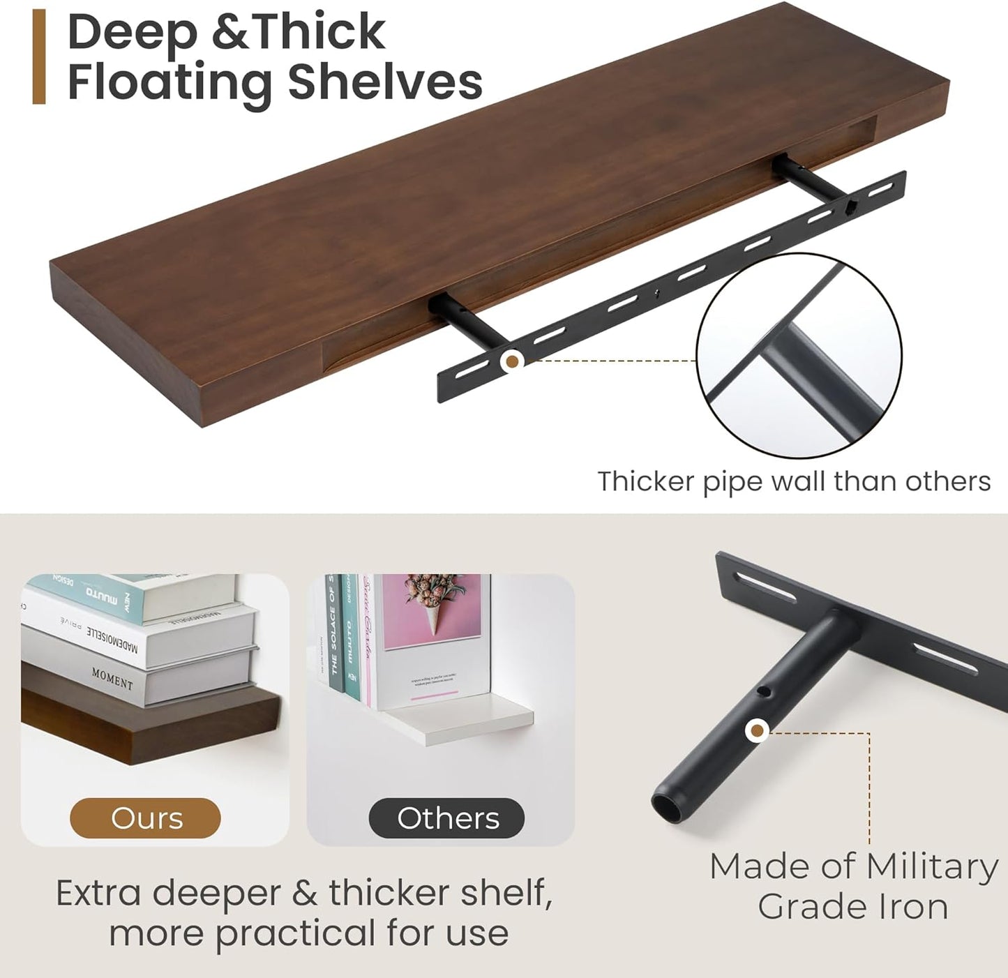 Fun Memories Farmhouse Floating Shelves - 8 Inch Deep Rustic Wood Wall Shelf - Premium Solid Pine Wood Storage Shelf for Kitchen Living Room Bedroom - 30" W x 8" D - Set of 2 - American Walnut