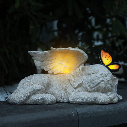 WONDER GARDEN Sleeping Dog Angel Statue with Solar Light - Pet Memorial Stone, in Memory of Dog, Marker Tribute Statues, Resin Guardian Angels, Bereavement Gift