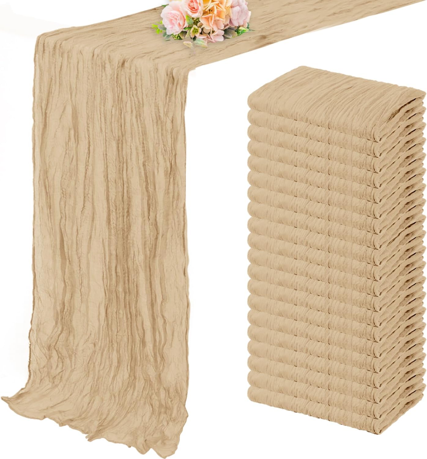 Sand 20 Pack 10FT Cheesecloth Table Runner 20 x 120 Inch Long Rustic Gauze Cheese Cloth Table Runner for Wedding Bridal Baby Shower Table Decorations Boho Fabric Sheer Birthday Party Table Decor