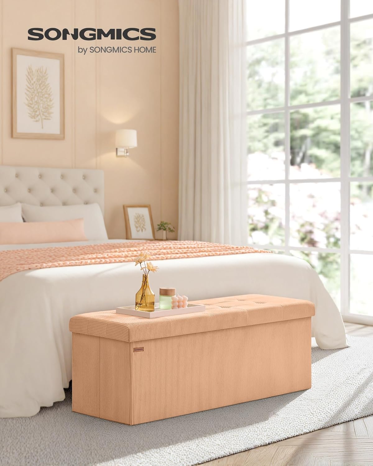 SONGMICS MAZIE Collection - Storage Ottoman Bench, Foldable Foot Rest, 15 x 43 x 15 Inches, End of Bed Bench, Storage Chest, Load 660 lb, Living Room, Bedroom, Entryway, Apricot ULSF604O01