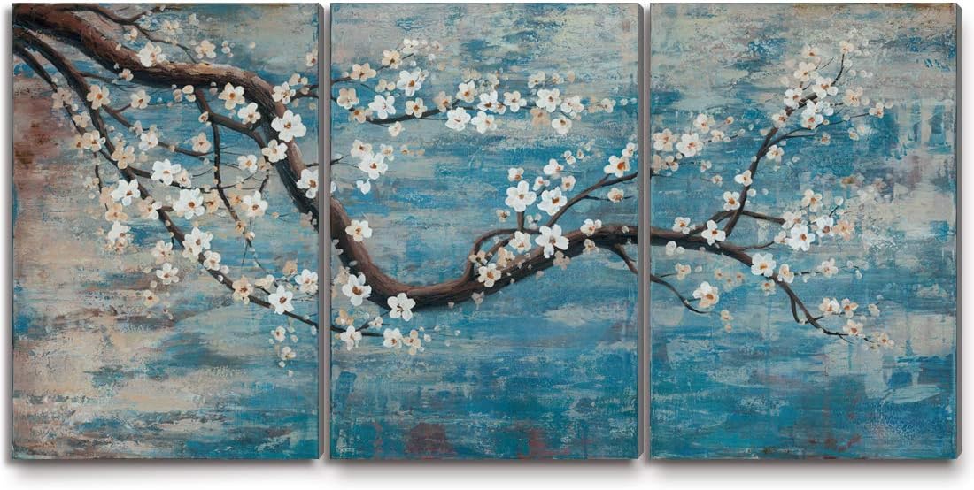 amatop Wall Art for Living Room 100% Hand-Painted Flower Oil Painting On Canvas Gallery Wrapped Large Framed Floral Plum Blossom Tree Teal Blue Artwork for Home Bedroom Decor 48"x24"