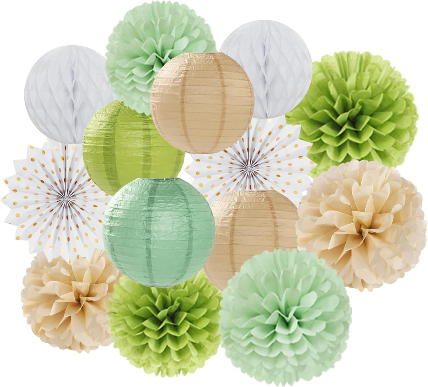Olive-Sage Green-Boho Party-Decorations Streamers-Lanterns - 14pcs Baby Bridal Shower Wedding Paper Fan, Eucalyptus Wild Safari Jungle Birthday Tissue Pom Poms, Honeycomb Balls Decor Lasting Surprise
